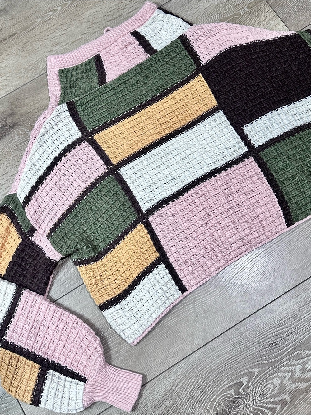 Gilded Intent Buckle Funnel Neck Cropped Checkered Patchwork Sweater - Picture 15 of 15